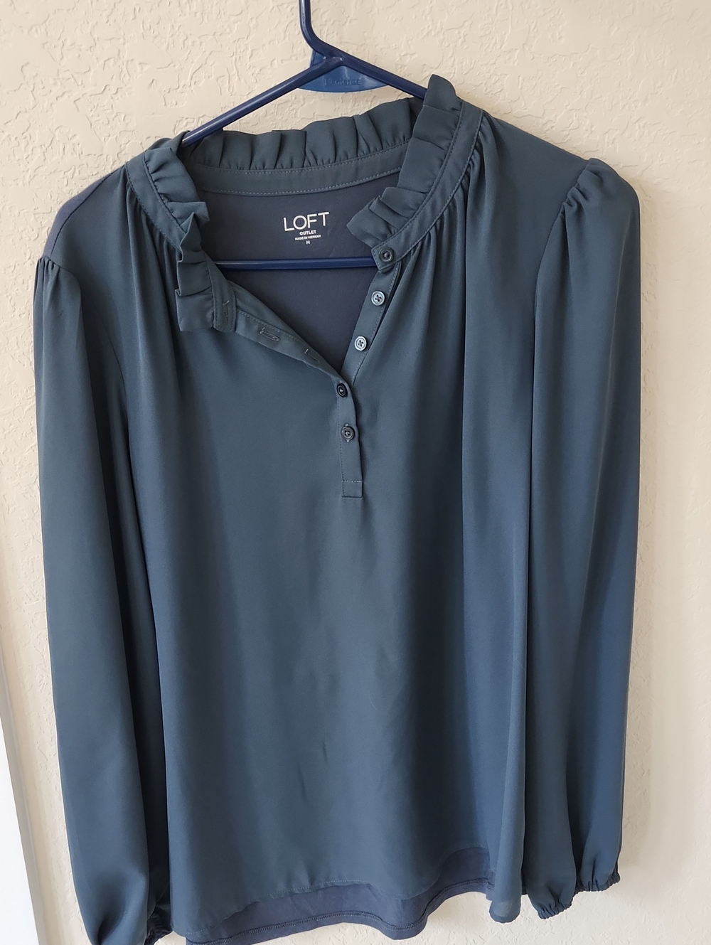 LOFT Slate-Blue Ruffle Henley Blouse